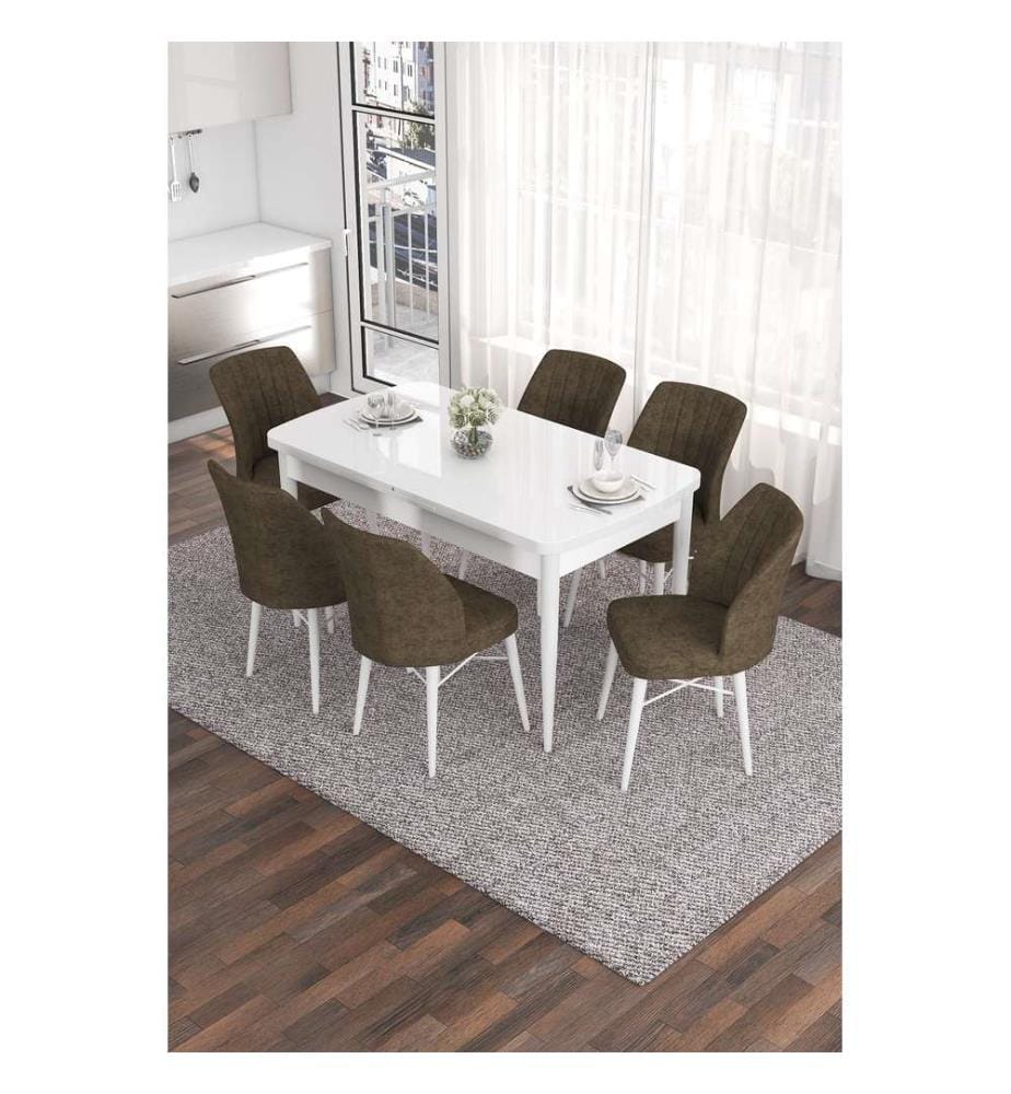 Table de salle à manger extensible avec chaises, 7 pièces, blanc, marron, 100 % MDF