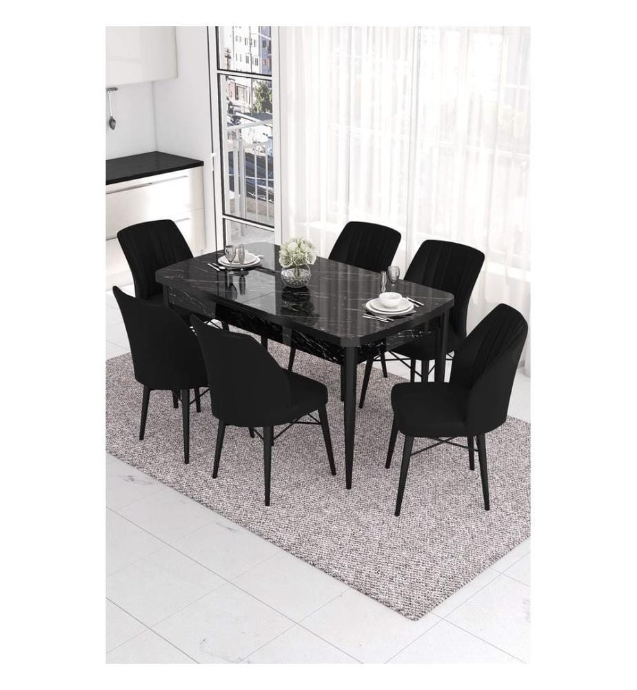 Table de salle à manger extensible avec chaises, 7 pièces, Marbre noir, Noir, 100 % MDF