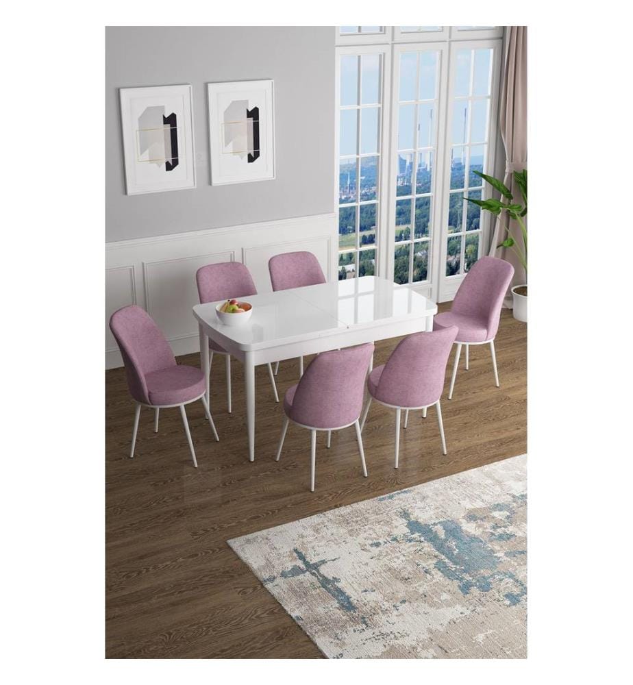 Table de salle à manger extensible avec chaises, 7 pièces, blanc, rose, 100 % MDF