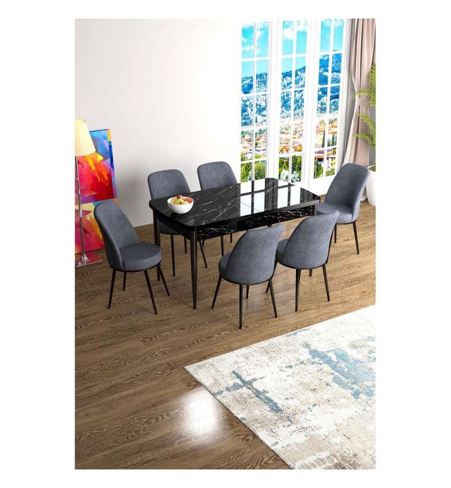 Table de salle à manger extensible avec chaises, 7 pièces, marbre noir, gris fumé, 100 % MDF