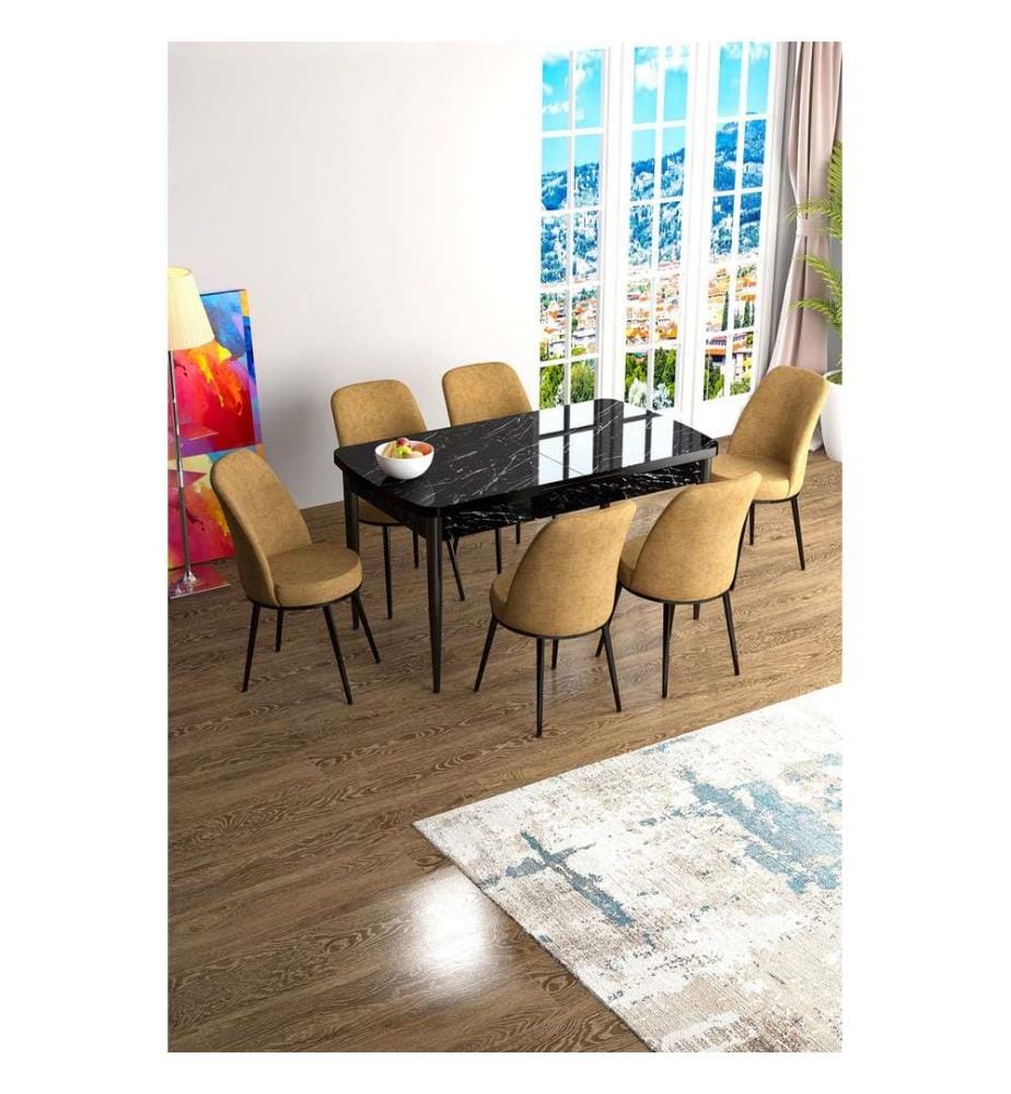Table de salle à manger extensible avec chaises, 7 pièces, Marbre noir, Cappuccino, 100 % MDF