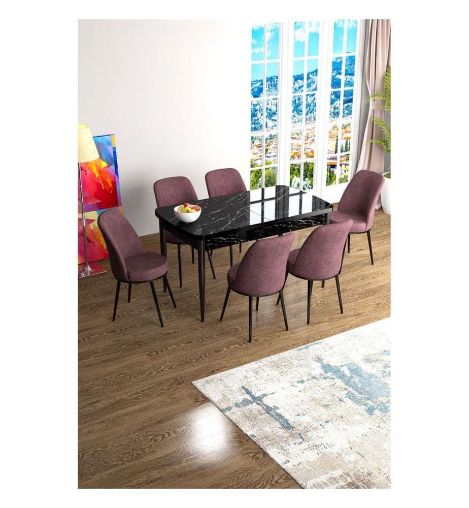 Table de salle à manger extensible avec chaises, 7 pièces, marbre noir, vieux rose, 100 % MDF