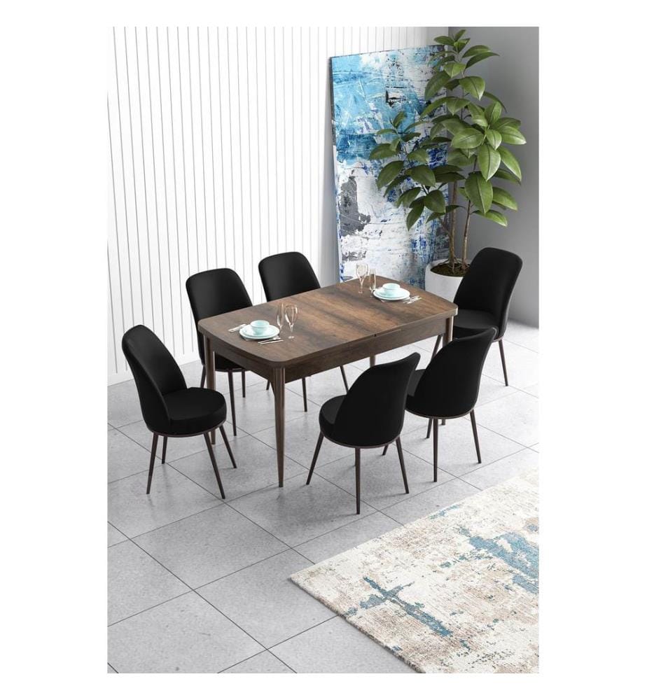 Table de salle à manger extensible avec chaises, 7 pièces, style baroque, noir, 100 % MDF
