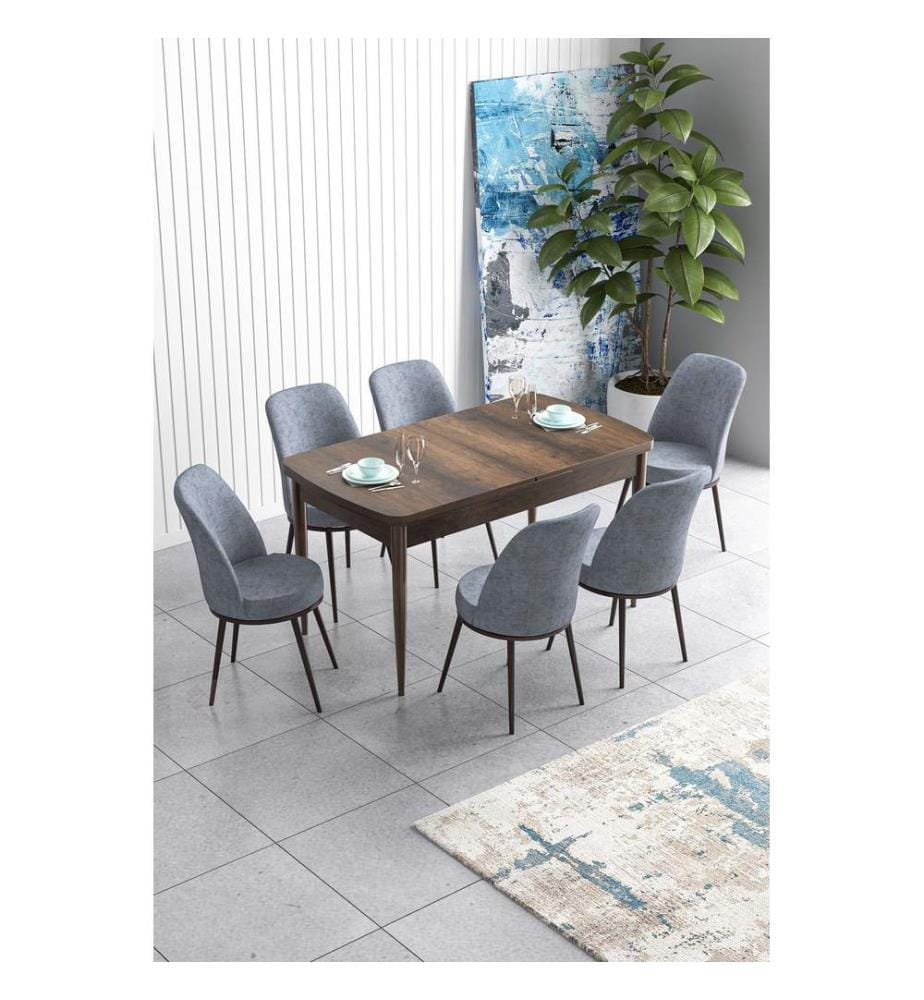 Table de salle à manger extensible avec chaises, 7 pièces, style baroque, gris, 100 % MDF