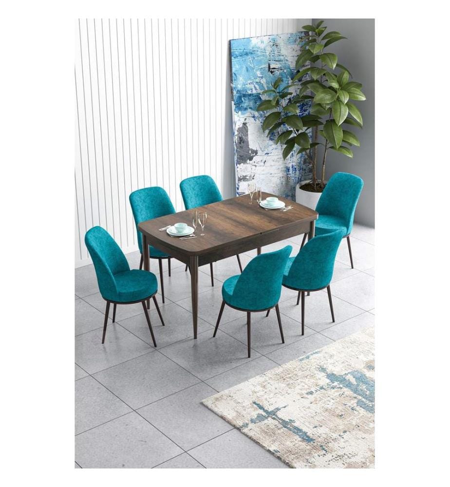 Table de salle à manger extensible avec chaises, 7 pièces, Baroque, Turquoise, 100 % MDF