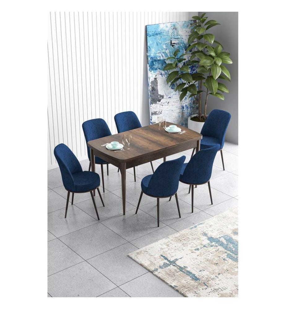 Table de salle à manger extensible avec chaises, 7 pièces, style baroque, bleu marine, 100 % MDF