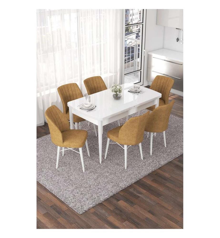Table de salle à manger extensible avec chaises, 7 pièces, blanc, cappuccino, 100 % MDF
