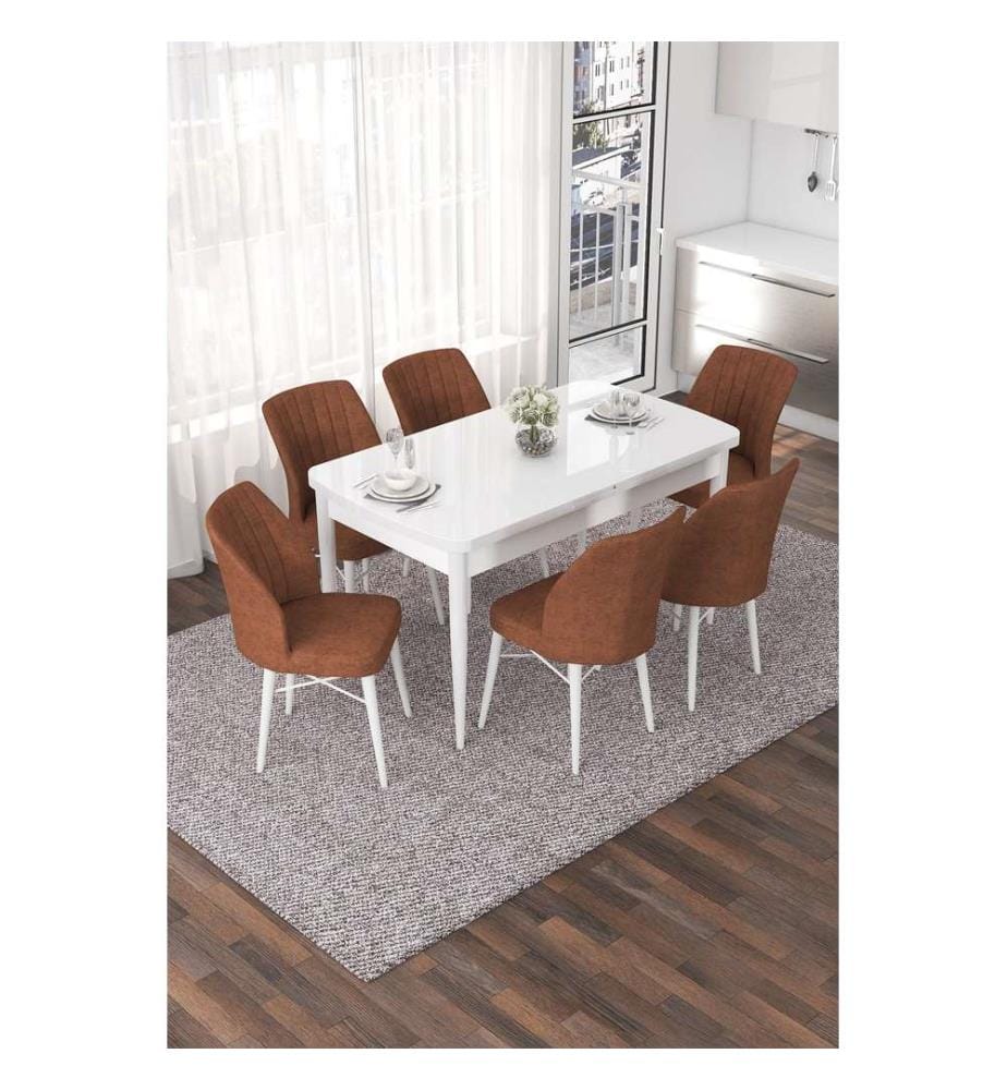 Table de salle à manger extensible avec chaises, 7 pièces, blanc, rouge carrelage, 100 % MDF