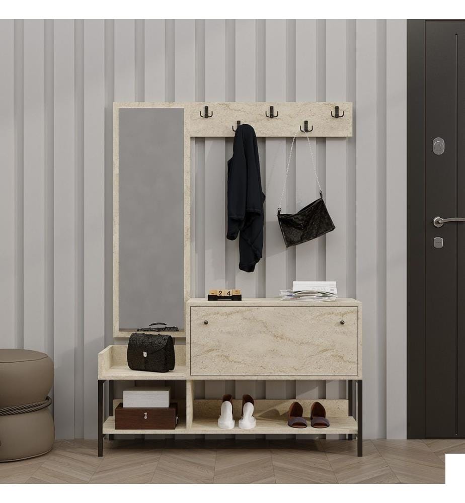 Meuble à chaussures, travertin, panneau de particules 100 % mélaminé, miroir