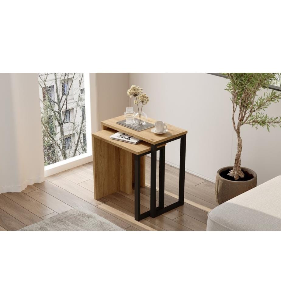 Table gigogne , 2 pièces, Noyer, Chêne, Panneau de particules mélaminé
