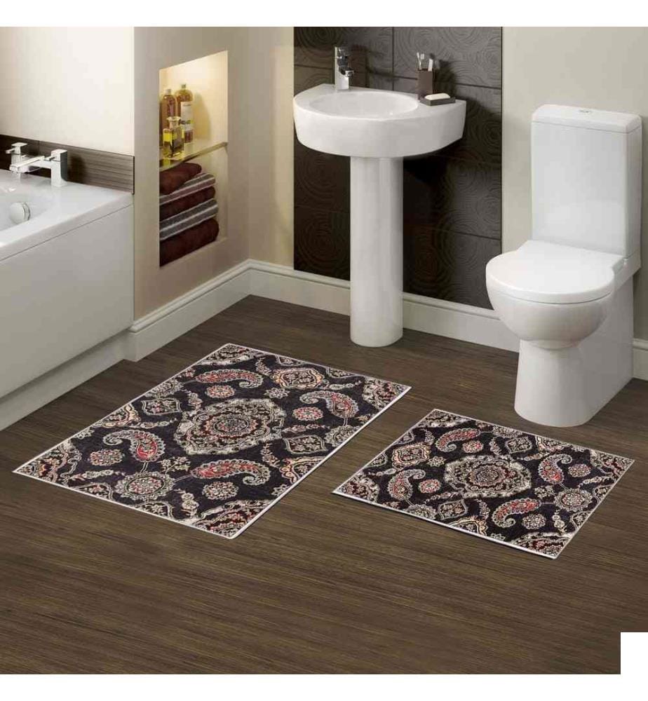Set de tapis de bain, 2 pièces, multicolore, 100% polyester, dessous antidérapant