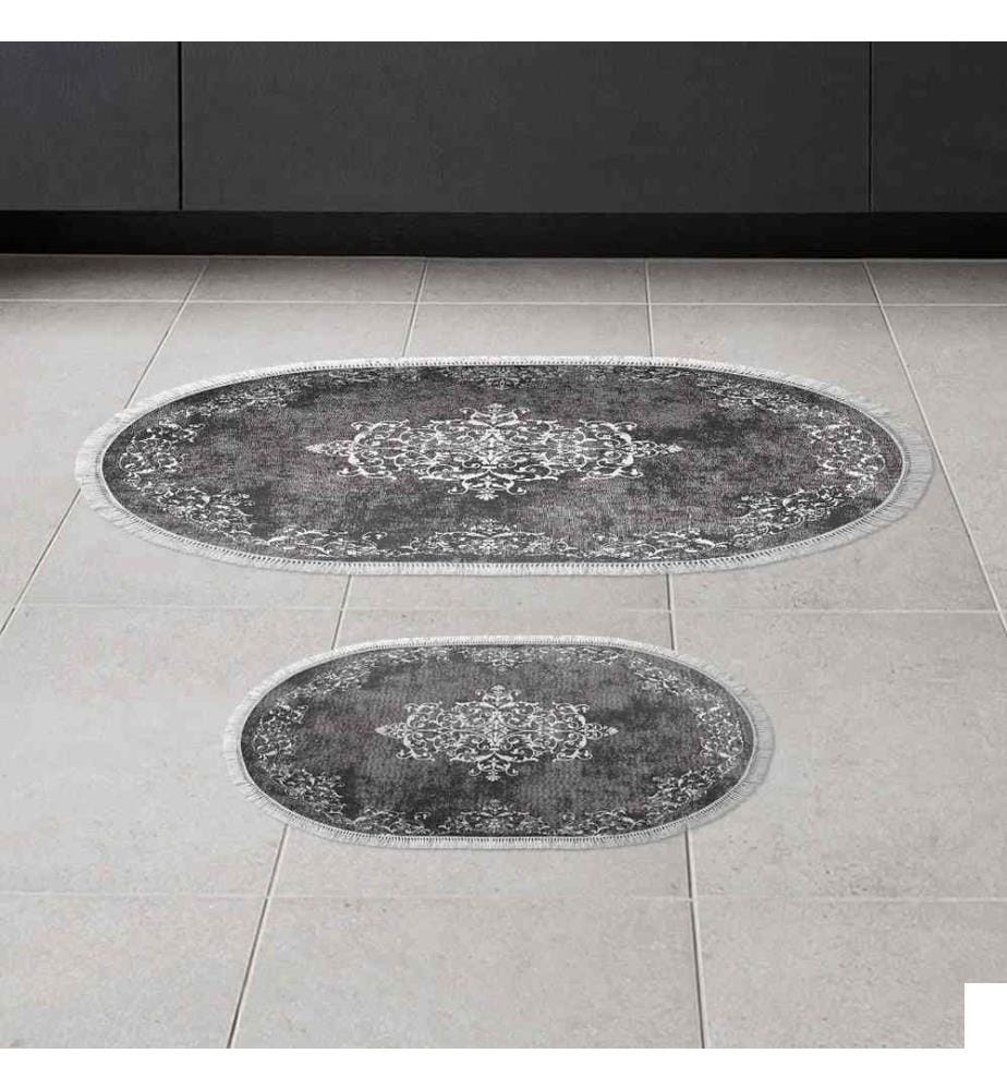Set de tapis de bain, 2 pièces, gris, 100% polyester, dessous antidérapant
