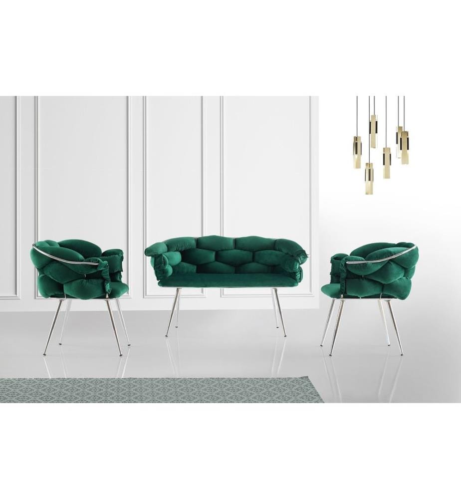 Ensemble de canapés, vert, chrome, cadre : Métal, Assise : Tissu velours - Panneau de particules mélaminé