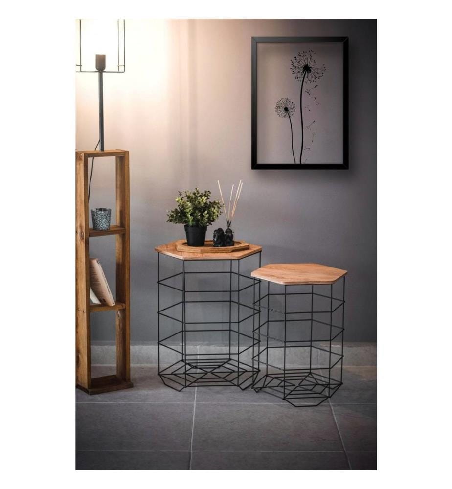 Table basse, Chêne, Noir, Panneau de particules de bois 100% mélaminé, Cadre : 100% métal