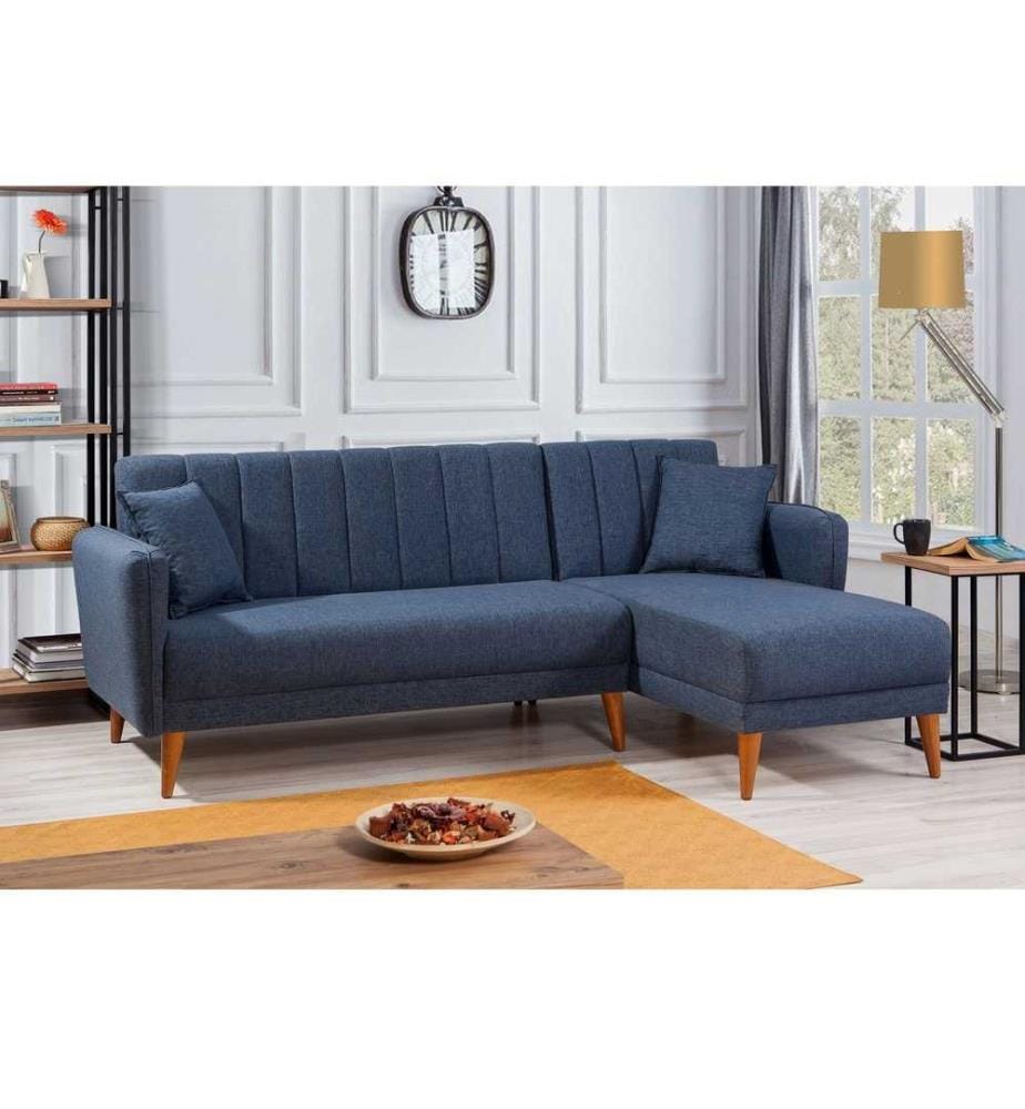 Canapé-lit d'angle, bleu foncé, bois de charme - cadre métallique, tissu de lin