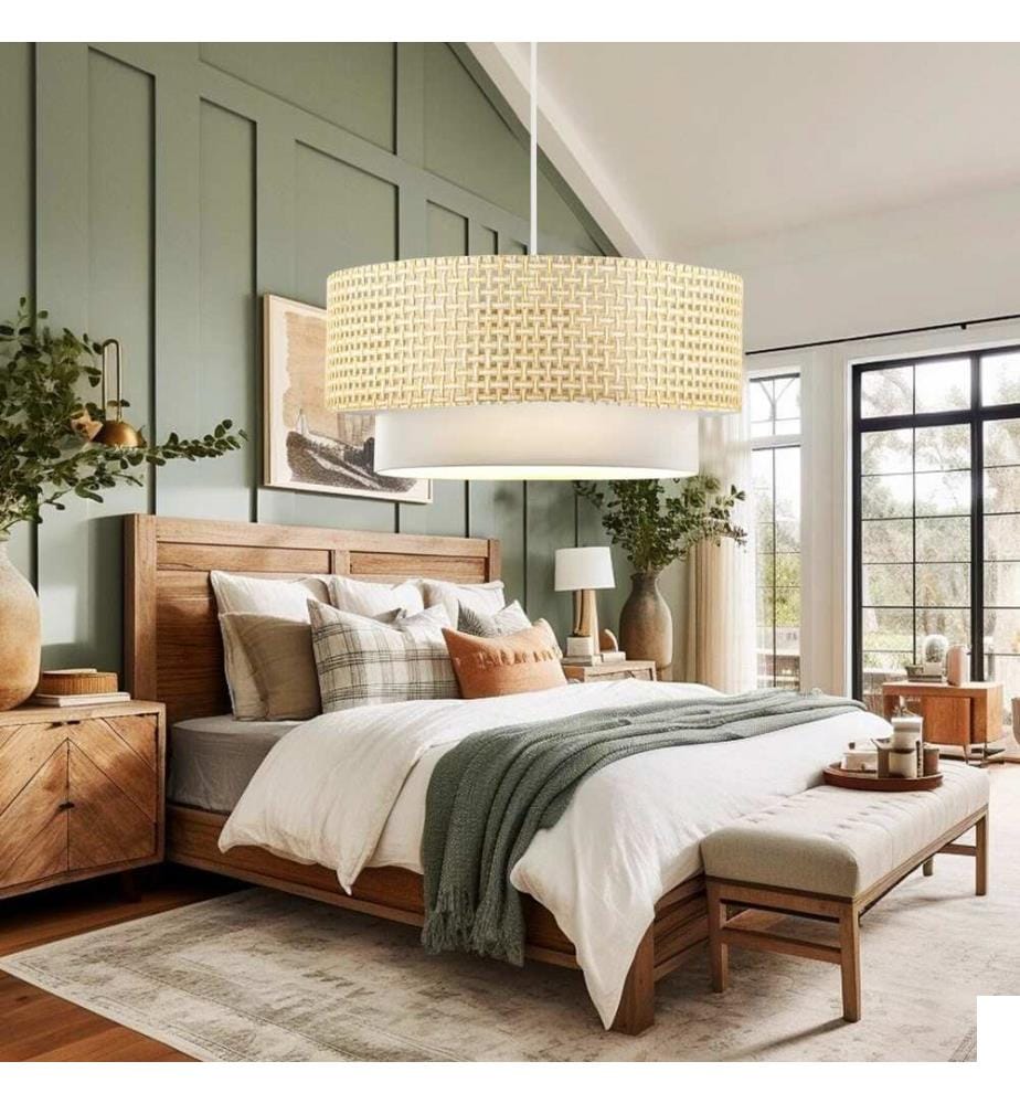 Lustre, beige, abat-jour en rotin