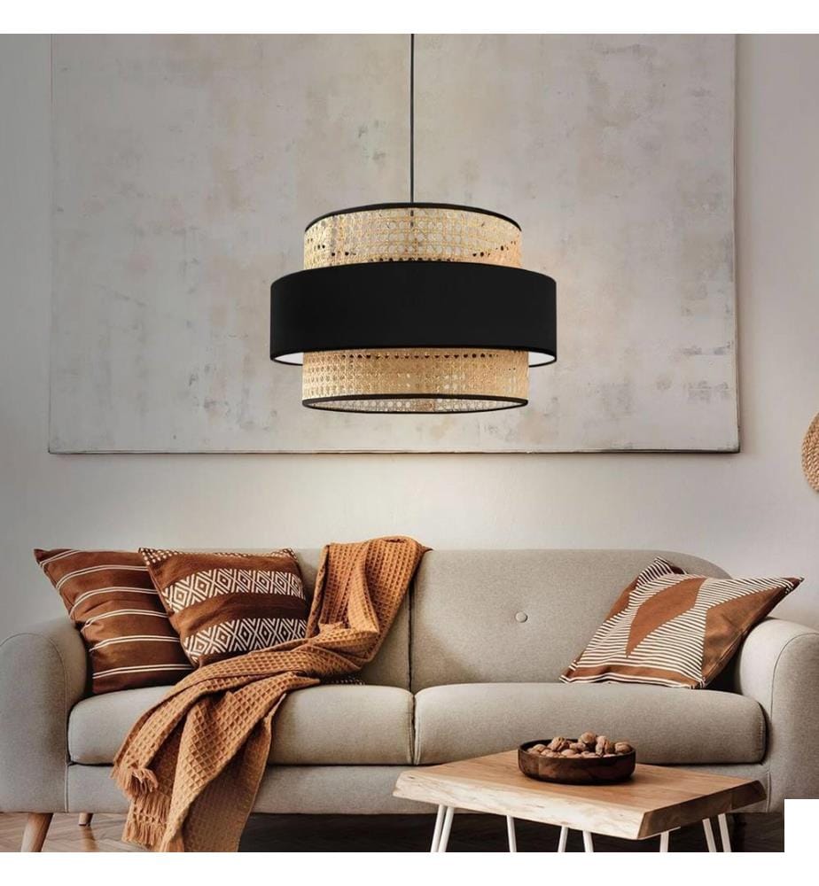 Lustre, noir, beige, abat-jour en rotin