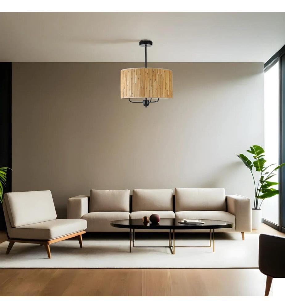 Lustre, en bois, noir, CORPS EN MÉTAL, capuchon en bambou