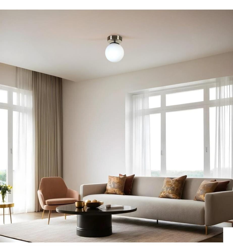 Lustre, chrome mat, blanc, corps en métal, abat-jour en verre