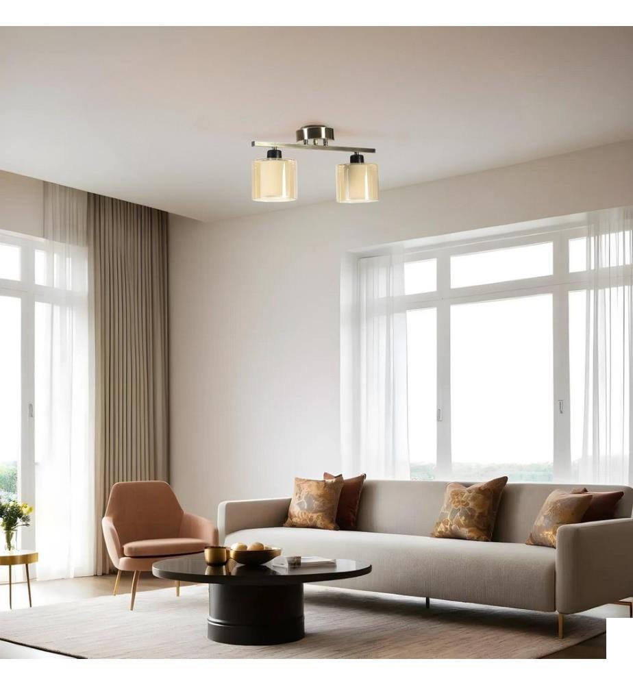 Lustre, chrome mat, ambre, corps en métal, abat-jour en verre