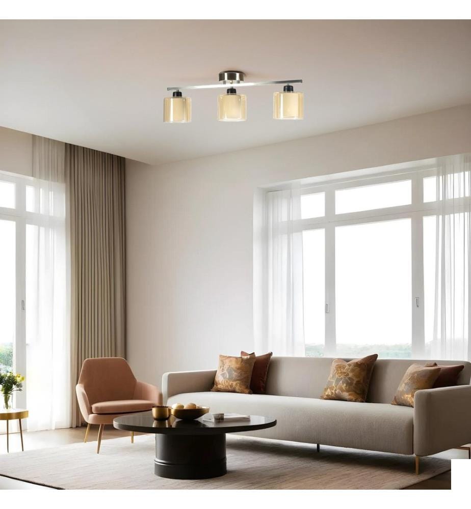 Lustre, chrome mat, ambre, corps en métal, abat-jour en verre