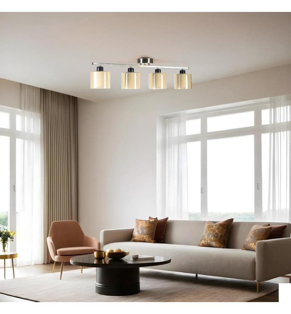 Lustre, chrome mat, ambre, corps en métal, abat-jour en verre