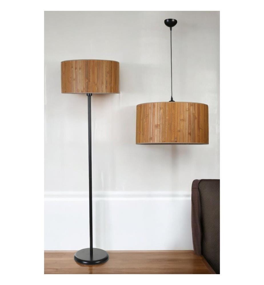 Ensemble lustre et lampe sur pied, noir, bois, CORPS EN MÉTAL, CAPUCHON EN TISSU