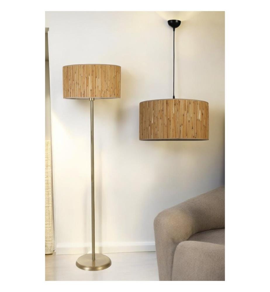 Ensemble lustre et lampe sur pied, beige, CORPS EN MÉTAL, CAPUCHON EN TISSU