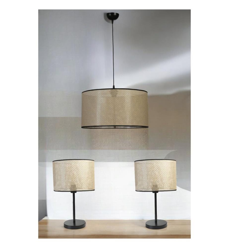 Ensemble lustre et lampe de table, crème, CORPS EN MÉTAL, CAPUCHON EN TISSU