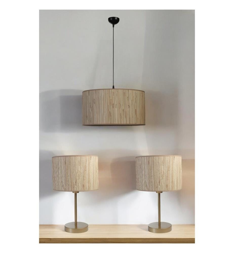 Ensemble lustre et lampe de table, crème, CORPS EN MÉTAL, CAPUCHON EN TISSU