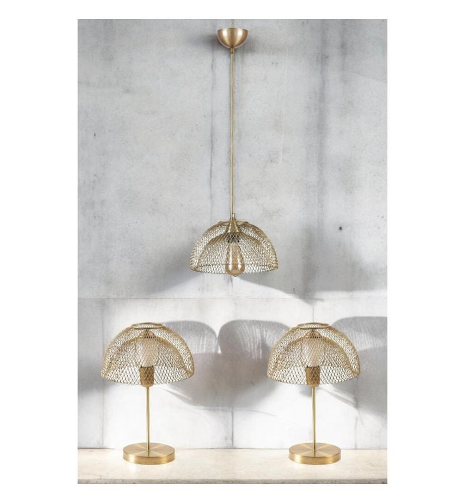 Ensemble lustre et lampe de table, vieillie, CORPS EN MÉTAL, CAPUCHON EN MÉTAL