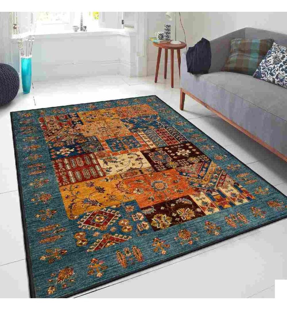 Tapis, camel, orange, rouge tuile, bleu, 100% coton, 180 x 280 cm