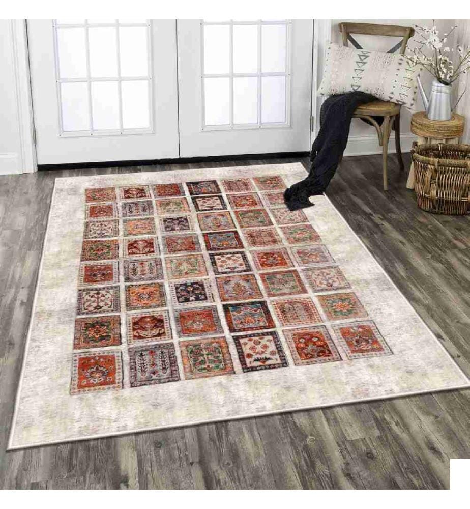 Tapis, crème, orange, rouge tuile, vert, noir, 100% coton, 80 x 300 cm