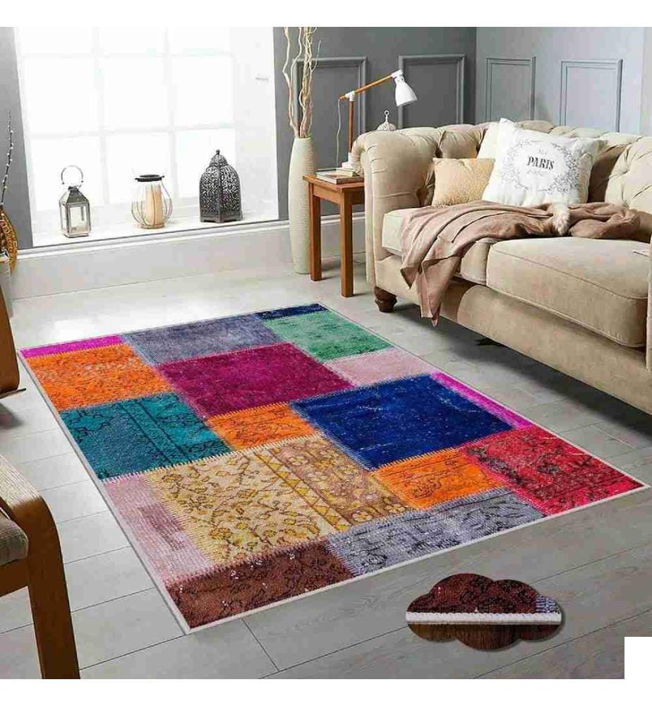 Tapis, rose, orange, vert, crème, bleu marine, 100% coton, 80 x 200 cm