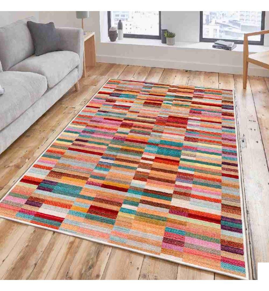 Tapis, rose, bleu, camel, jaune, brun, 100% coton, 120 x 180 cm