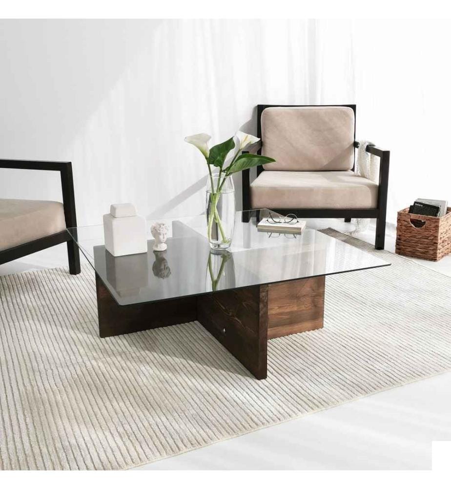 Table basse, noyer, verre trempé