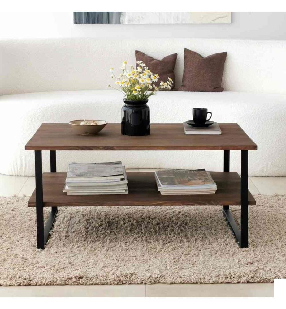 Table basse, noyer, pin massif, structure métallique