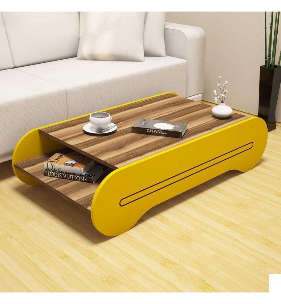 Table basse, noyer jaune, panneau de particules mélaminé