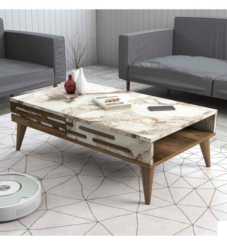 Table basse, noyer, blanc, marbre, panneau de particules mélaminé