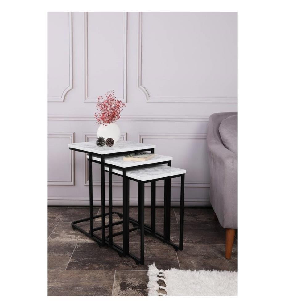 Table gigogne, 3 pièces, blanc noir, structure métallique, plateau MDF