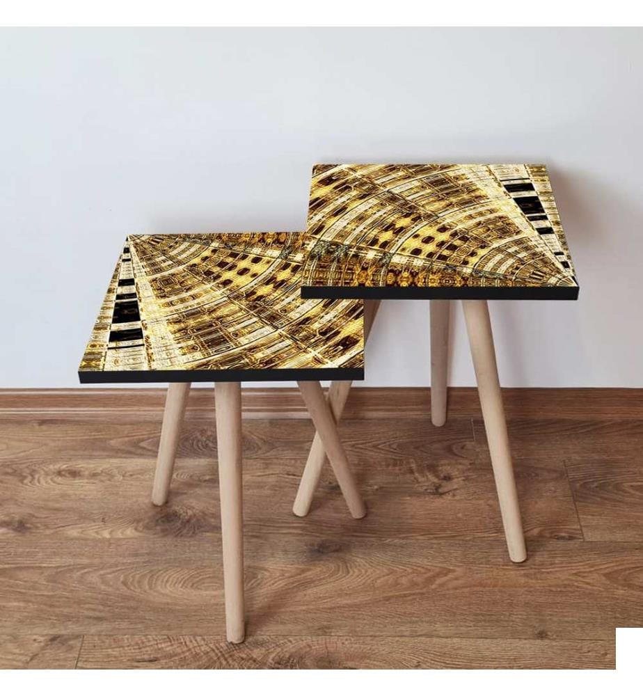 Table gigogne , 2 Pièces, Or, Marron, Beige, Noir, MDF, Pieds en hêtre