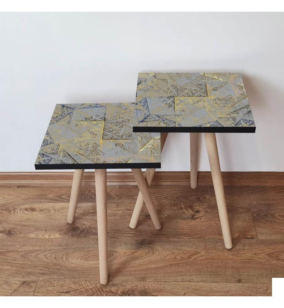 Table gigogne , 2 Pièces, Gris, Beige, Jaune, MDF, Pieds en hêtre