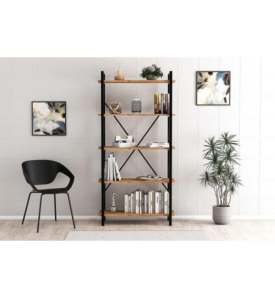 Bibliothèque, noyer, noir, panneau de particules mélaminé, cadre métallique