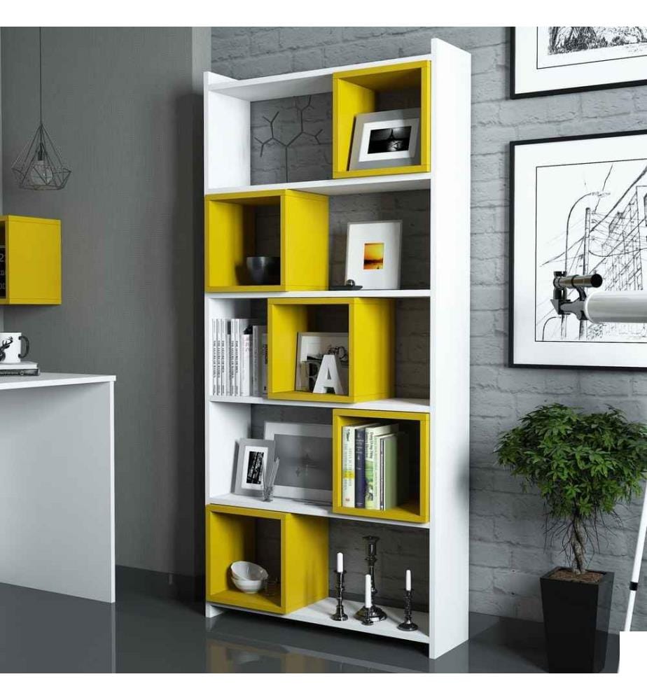 Bibliothèque, Blanc Jaune, Panneau de particules mélaminé