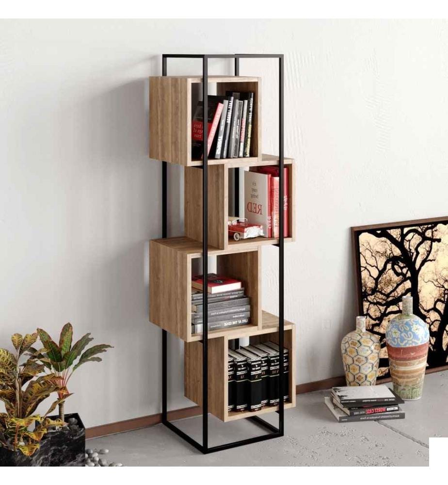 Bibliothèque, noyer noir, panneau de particules mélaminé, cadre métallique