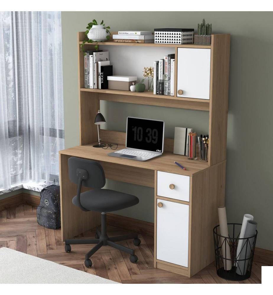 Bureau et bibliothèque, panneaux de particules mélaminés de qualité E1, noyer, blanc