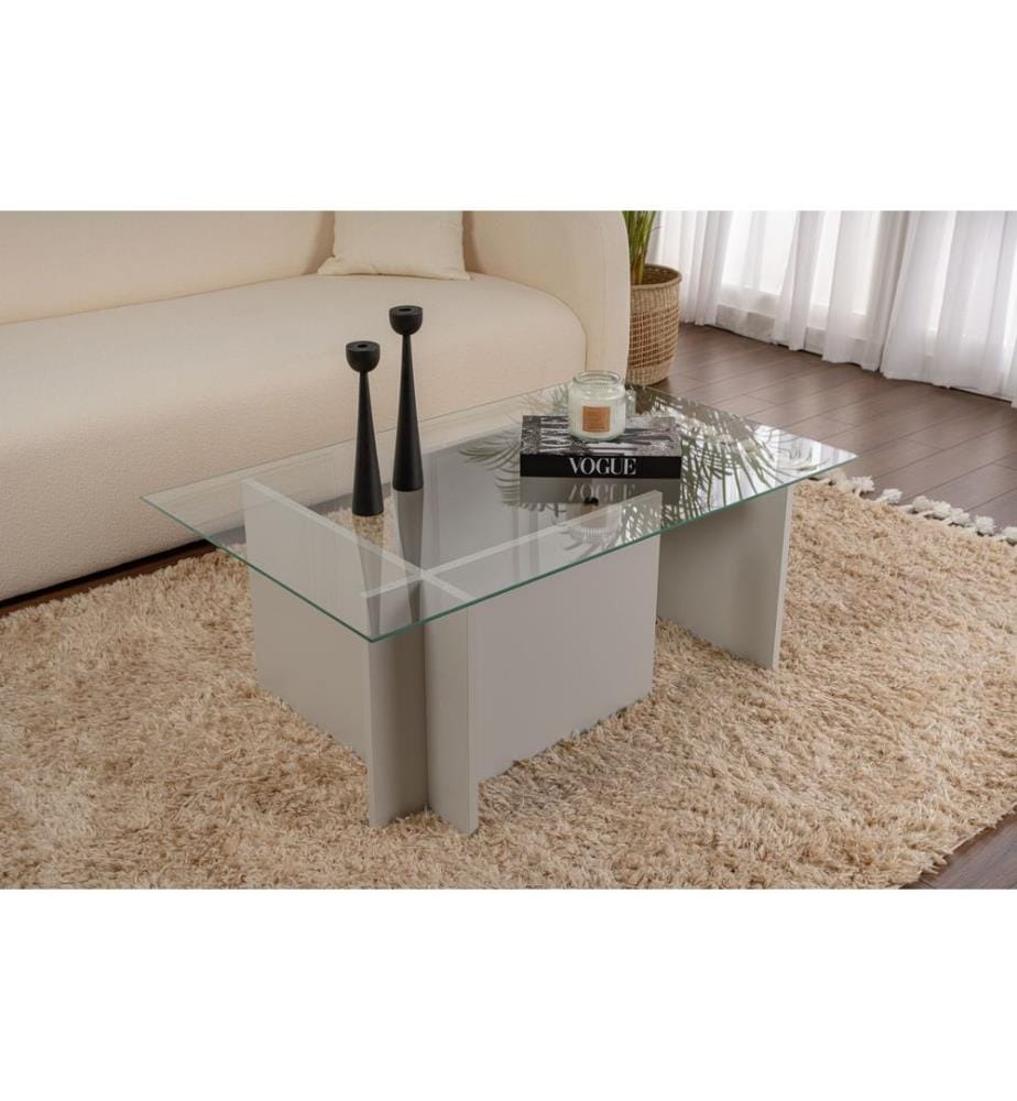 Table basse, grise, VERRE 100 % TEMPÉRÉ, structure : PANNEAU DE PARTICULES 100 % MÉLAMINE