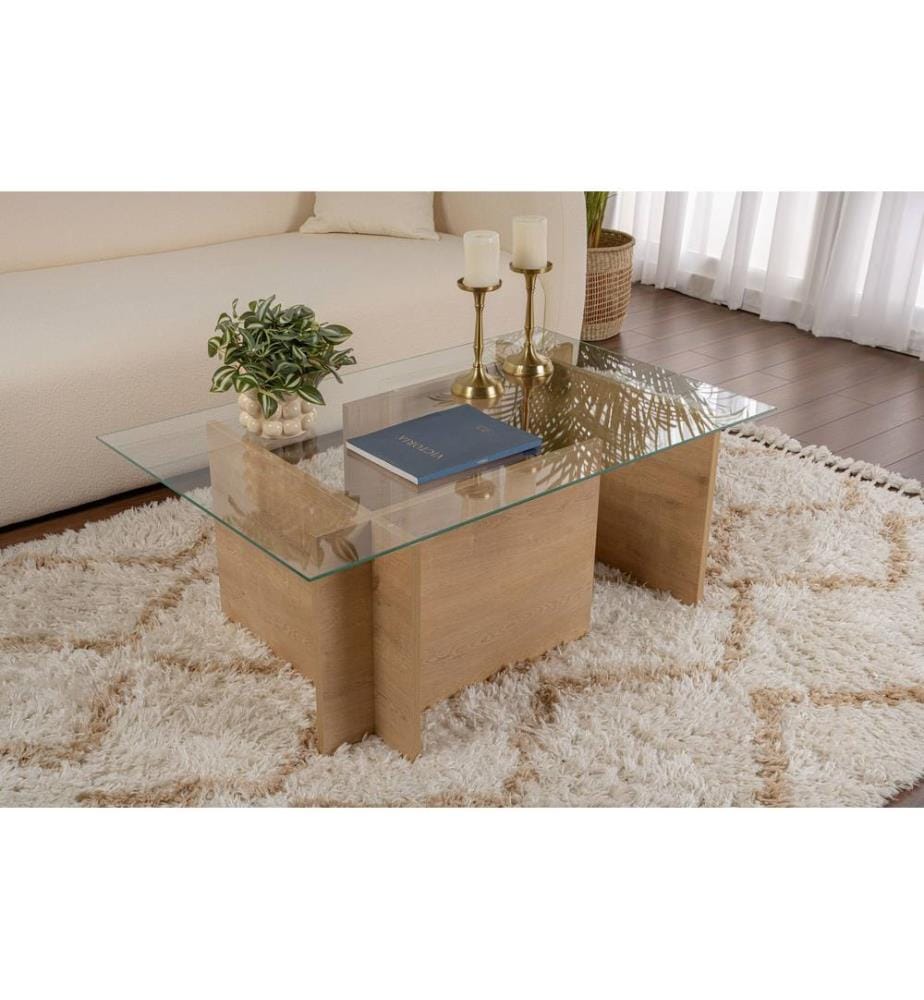Table basse, chêne miel, 100 % VERRE TEMPÉRÉ, structure : 100 % PANNEAUX DE PARTICULES ENDUITS DE MÉLAMINE