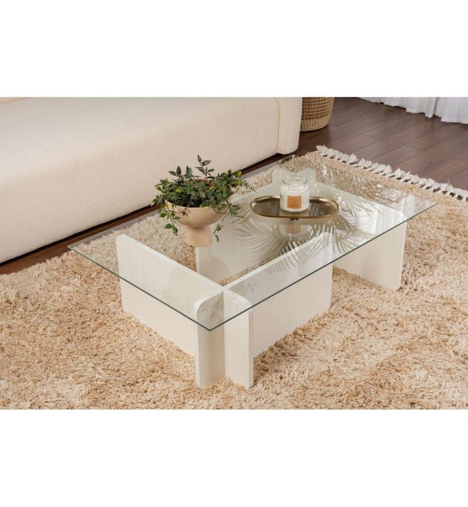 Table basse, bois blanc, 100 % VERRE TEMPÉRÉ, structure : PANNEAU DE PARTICULES 100 % MÉLAMINE
