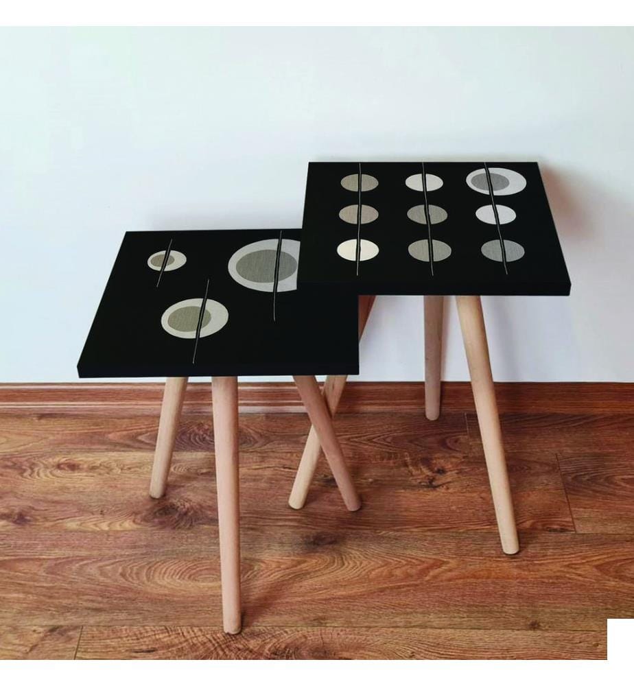 Table gigogne , 2 Pièces, Noir, Beige, Gris, MDF, Pieds en hêtre